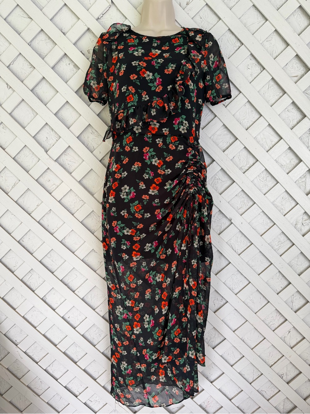 Maje M Rancho Floral Chiffon Ruched Ruffle Midi Dress Sz 2 , Medium - Picture 4 of 13